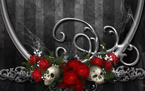 A dark gothic wallpaper featuring red roses and skulls, entwined with intricate designs and spiderwebs, set against a textured black striped background.