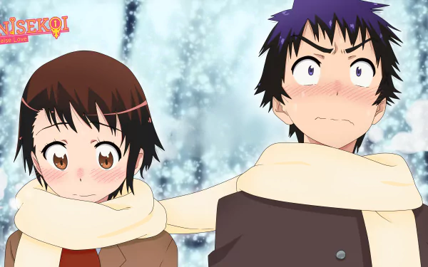 Raku Ichijō and Kosaki Onodera from the anime Nisekoi share a moment in this HD wallpaper, featuring a snowy backdrop and charming expressions.