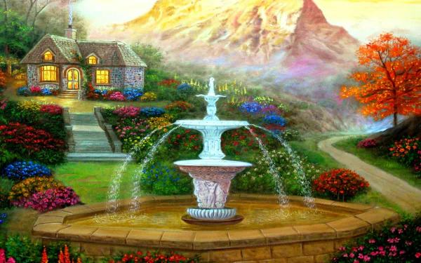HD desktop wallpaper depicting an artistic painting of a cottage with a fountain, vibrant flowers, trees, and majestic mountains in the background.