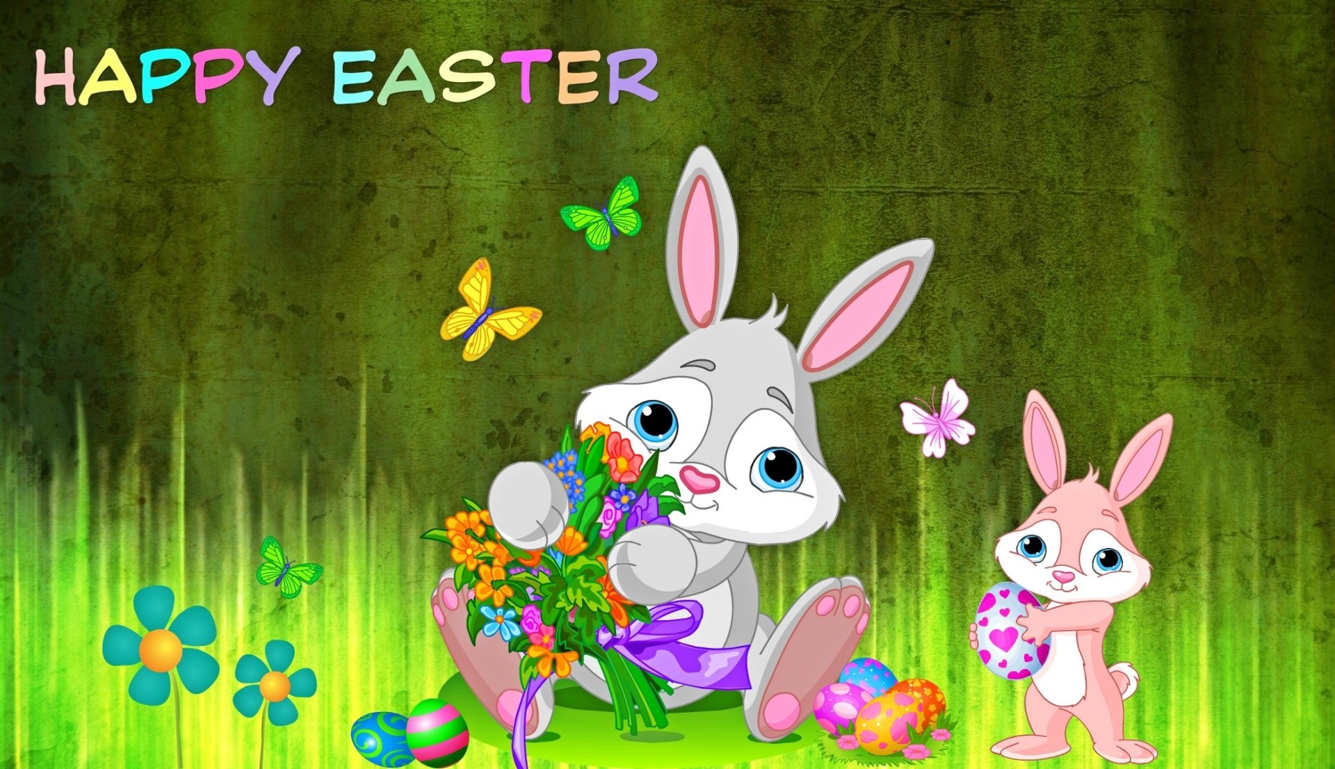 HD Easter-themed desktop wallpaper featuring a cheerful gray bunny holding flowers, a pink bunny with an Easter egg, colorful butterflies, and vibrant green background.