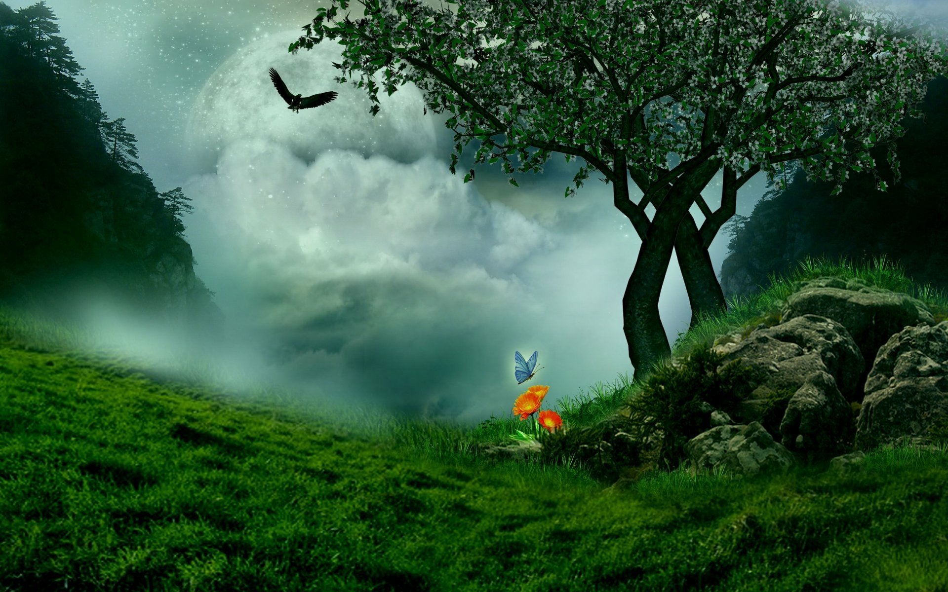 HD fantasy landscape wallpaper featuring a glowing moon behind clouds, a tree with flowers, a butterfly near a rock, and a bird flying over a lush green field.