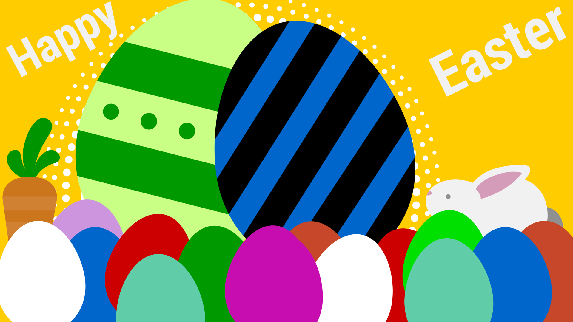 HD PC desktop wallpaper: colorful Easter eggs, a bunny peeking from behind carrots on a bright yellow Happy Easter background.