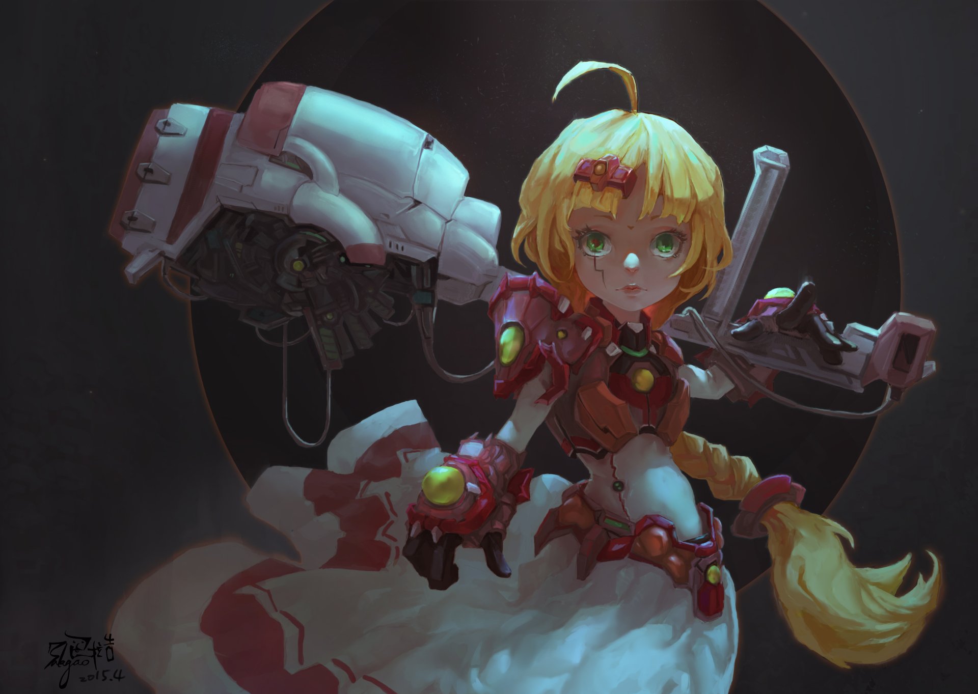 A blonde woman warrior with green eyes and a long braid wields a futuristic weapon in a sci-fi HD desktop wallpaper.