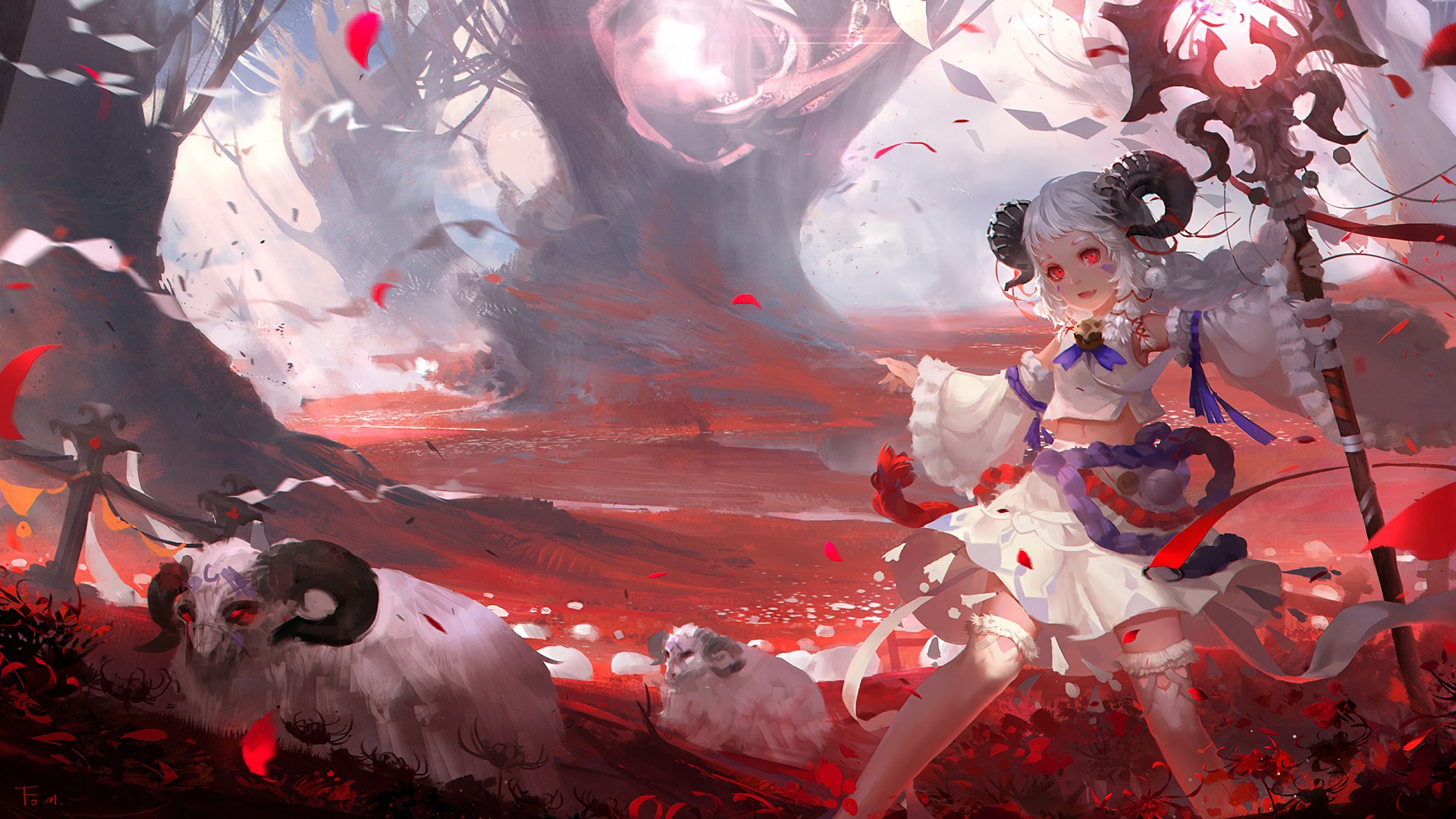 A captivating original anime HD desktop wallpaper featuring a mystical scene with a girl, surrounded by sheep and red leaves, set against a fantastical backdrop.