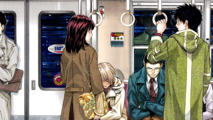 HD PC desktop wallpaper/background from TV show I's Pure: anime commuter-train scene at night — a standing couple, a seated girl clutching flowers, and two other passengers.