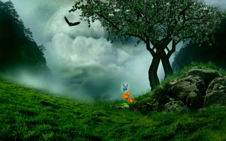 HD fantasy landscape wallpaper featuring a glowing moon behind clouds, a tree with flowers, a butterfly near a rock, and a bird flying over a lush green field.
