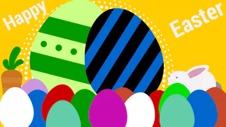 HD PC desktop wallpaper: colorful Easter eggs, a bunny peeking from behind carrots on a bright yellow Happy Easter background.