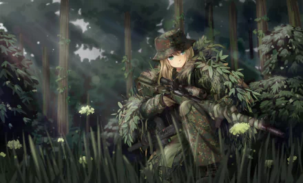 A woman warrior in military camouflage crouches in a lush forest, aiming her sniper rifle. This dynamic anime scene captures the intensity of a stealth mission. HD desktop wallpaper.