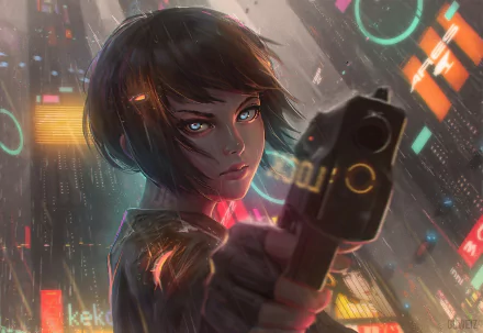 A fierce woman warrior with brown short hair and striking blue eyes aims a gun in a vibrant sci-fi setting, creating a captivating HD desktop wallpaper.