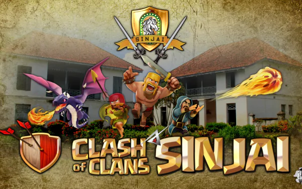 HD desktop wallpaper and background featuring Clash of Clans characters in front of a building with the text Clash of Clans Sinjai and a shield emblem where two swords intersect.