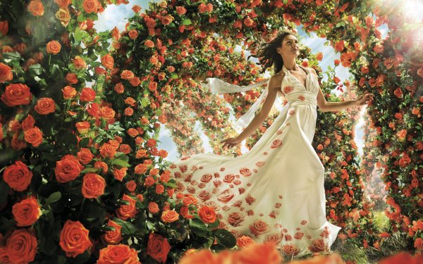 Women Artistic Flower Rose Dress Orange Flower Brunette White Dress HD Wallpaper | Background Image