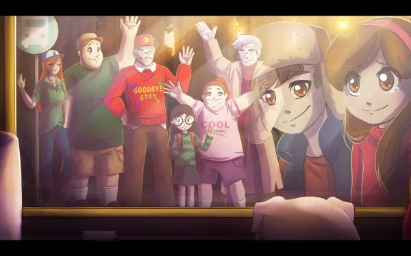 HD desktop wallpaper and background from the TV show Gravity Falls, featuring characters waving and smiling through a glass window, with warm lighting and a reflective surface.