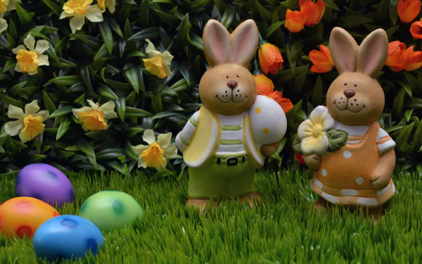 Easter-themed 4K Ultra HD wallpaper featuring bunny figurines holding a flower and an egg, surrounded by colorful Easter eggs and blooming daffodils in a grassy garden.
