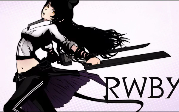 HD PC wallpaper featuring Blake Belladonna from RWBY in her Intruder outfit, depicted in dynamic anime style with flowing hair and dual weapons.