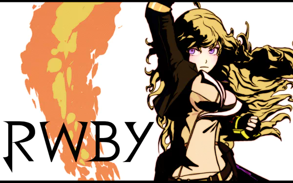 HD PC desktop wallpaper featuring Yang Xiao Long from RWBY in her Hunter outfit, set against a dynamic flame and white background, capturing the anime's bold style.