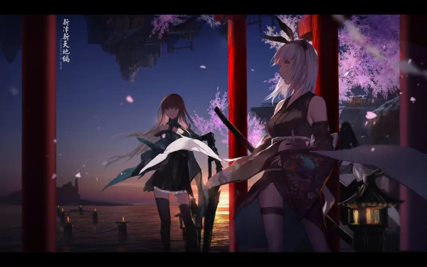 Anime-inspired scene featuring two characters near a serene sunset, framed by cherry blossoms and traditional architecture. A captivating HD desktop wallpaper for fans of Pixiv Fantasia T.