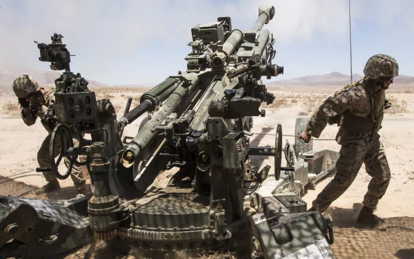 HD desktop wallpaper featuring soldiers operating heavy artillery in a desert military setting, highlighting weaponry and tactical action.
