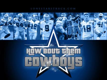HD Dallas Cowboys PC desktop wallpaper featuring key players in action and the bold text How Bout Them Cowboys centered over the team's star logo against a blue background.