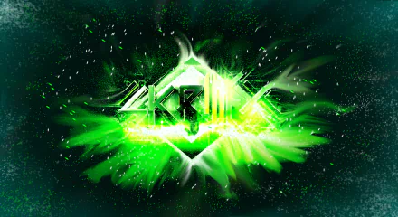 An HD PC desktop wallpaper featuring dynamic green graphics and the Skrillex logo, capturing the energy and style of electronic music.