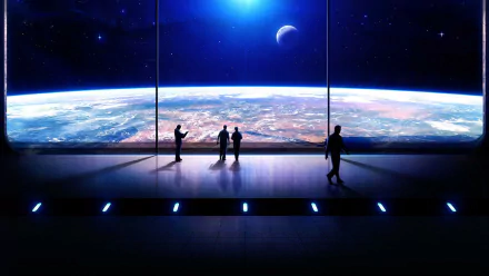 HD PC desktop wallpaper featuring a scene from the movie 2001: A Space Odyssey, showing silhouetted figures gazing at Earth and a distant moon through a large space window.