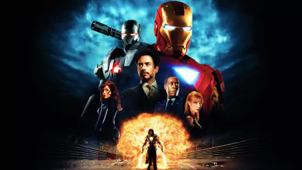 High-definition wallpaper featuring characters from Iron Man 2, including Tony Stark, War Machine, Black Widow, and Ivan Vanko, set against a dramatic background with explosions.