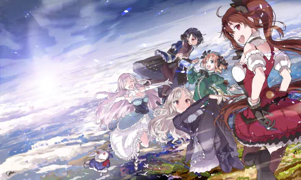 HD anime desktop wallpaper featuring the characters from Gothic wa Mahou Otome in dynamic poses against a dramatic sky background.