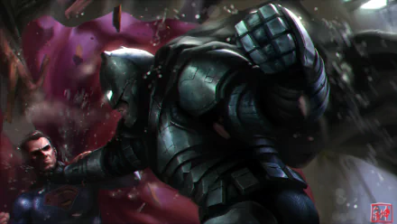 A dynamic HD wallpaper from Batman V Superman: Dawn of Justice, featuring an intense clash between Batman in armor and Superman, set against a dramatic background.