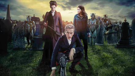 HD PC wallpaper: Doctor Who (2005) poster-style image — the Doctor and companions in a graveyard, Cybermen closing in with the TARDIS police box in the background.