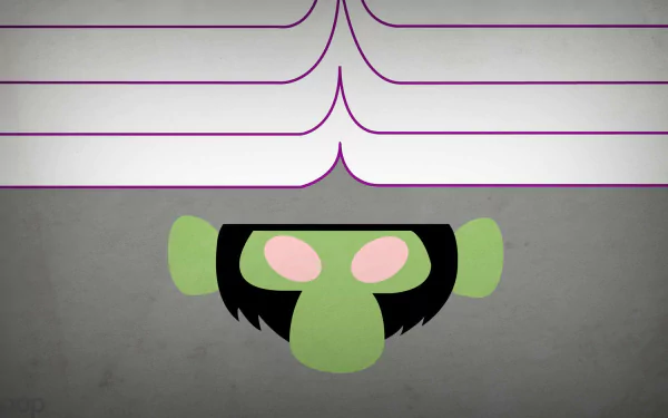 HD desktop wallpaper of Mojo Jojo from the TV show The Powerpuff Girls (1998), featuring his iconic green face and purple-striped helmet on a grey background.