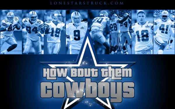 HD Dallas Cowboys PC desktop wallpaper featuring key players in action and the bold text How Bout Them Cowboys centered over the team's star logo against a blue background.
