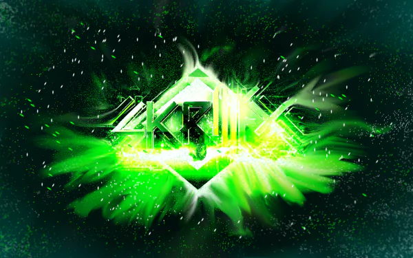 An HD PC desktop wallpaper featuring dynamic green graphics and the Skrillex logo, capturing the energy and style of electronic music.