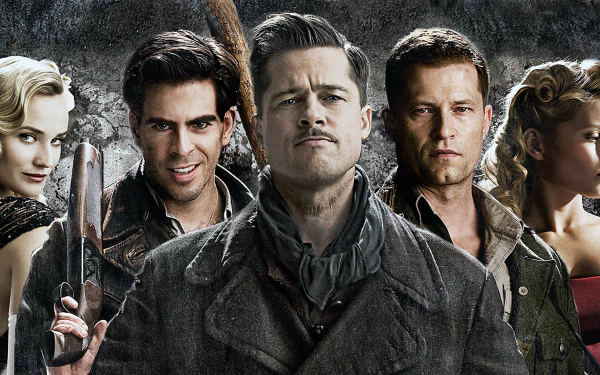 HD desktop wallpaper featuring Eli Roth, Til Schweiger, Diane Kruger, Melanie Laurent, and Brad Pitt from the movie Inglourious Basterds in a dramatic group pose.