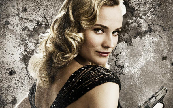 HD desktop wallpaper featuring Diane Kruger as Shosanna from the movie Inglourious Basterds, with a vintage, textured background.