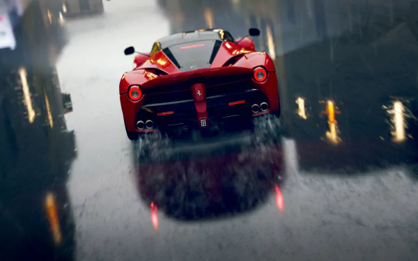 HD PC desktop wallpaper featuring a sleek red sports car racing through rain-soaked streets in the video game Forza Horizon 2.