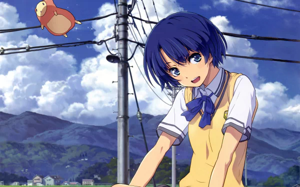 HD anime desktop wallpaper featuring Kanna Tanigawa from Waiting in the Summer (Ano Natsu de Matteru) with blue hair, a yellow vest, and a bird flying near power lines.