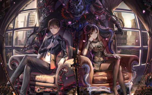 Anime-inspired HD wallpaper featuring two characters in a gear-themed setting. One wears a sleek black dress, while the other sports a stylish outfit, both seated confidently in ornate chairs.