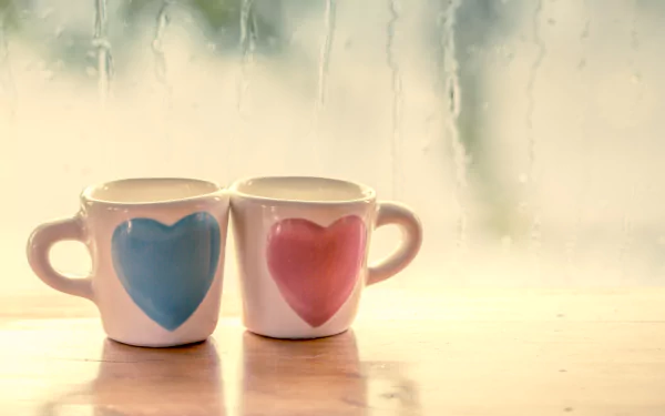 HD wallpaper of two cups with heart shapes, symbolizing love and romance, against a misty window background.