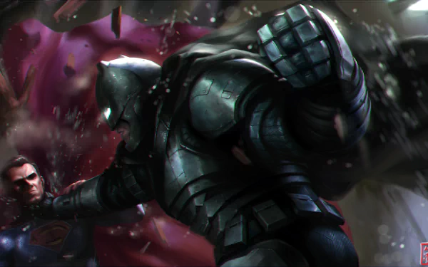 A dynamic HD wallpaper from Batman V Superman: Dawn of Justice, featuring an intense clash between Batman in armor and Superman, set against a dramatic background.