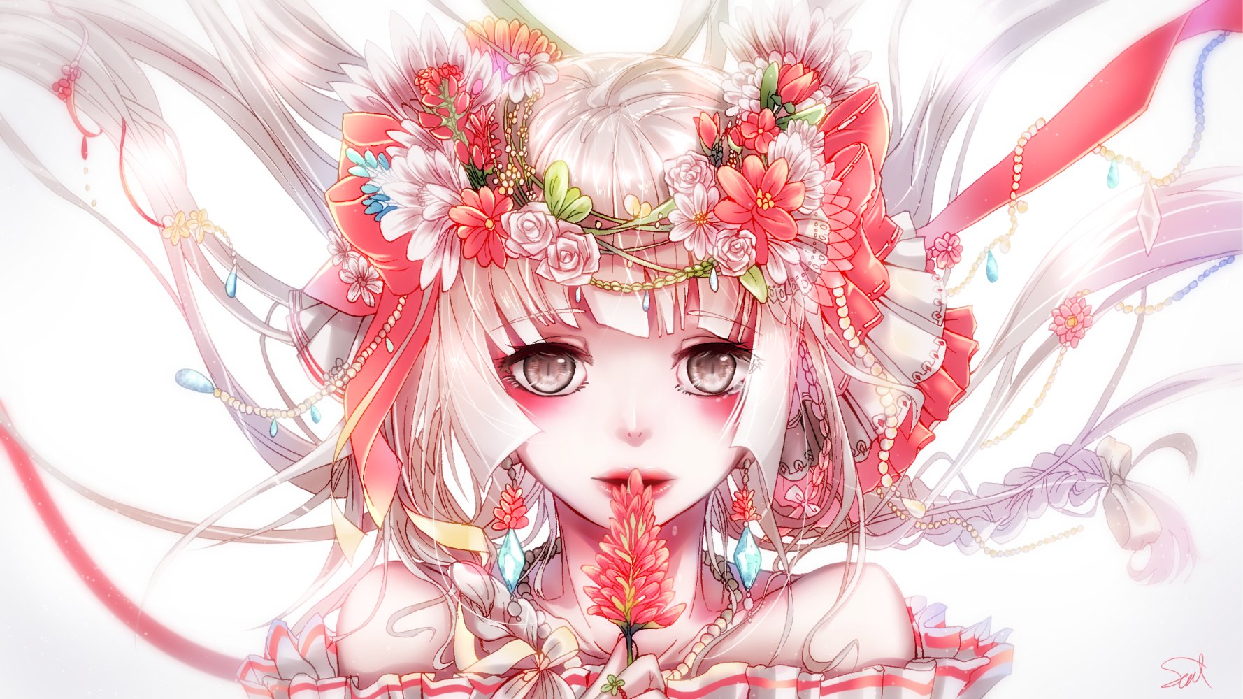 Anime-style HD wallpaper of Luka Megurine with long white hair, brown eyes, wearing a floral headdress and bow, softly blushing with delicate lips.