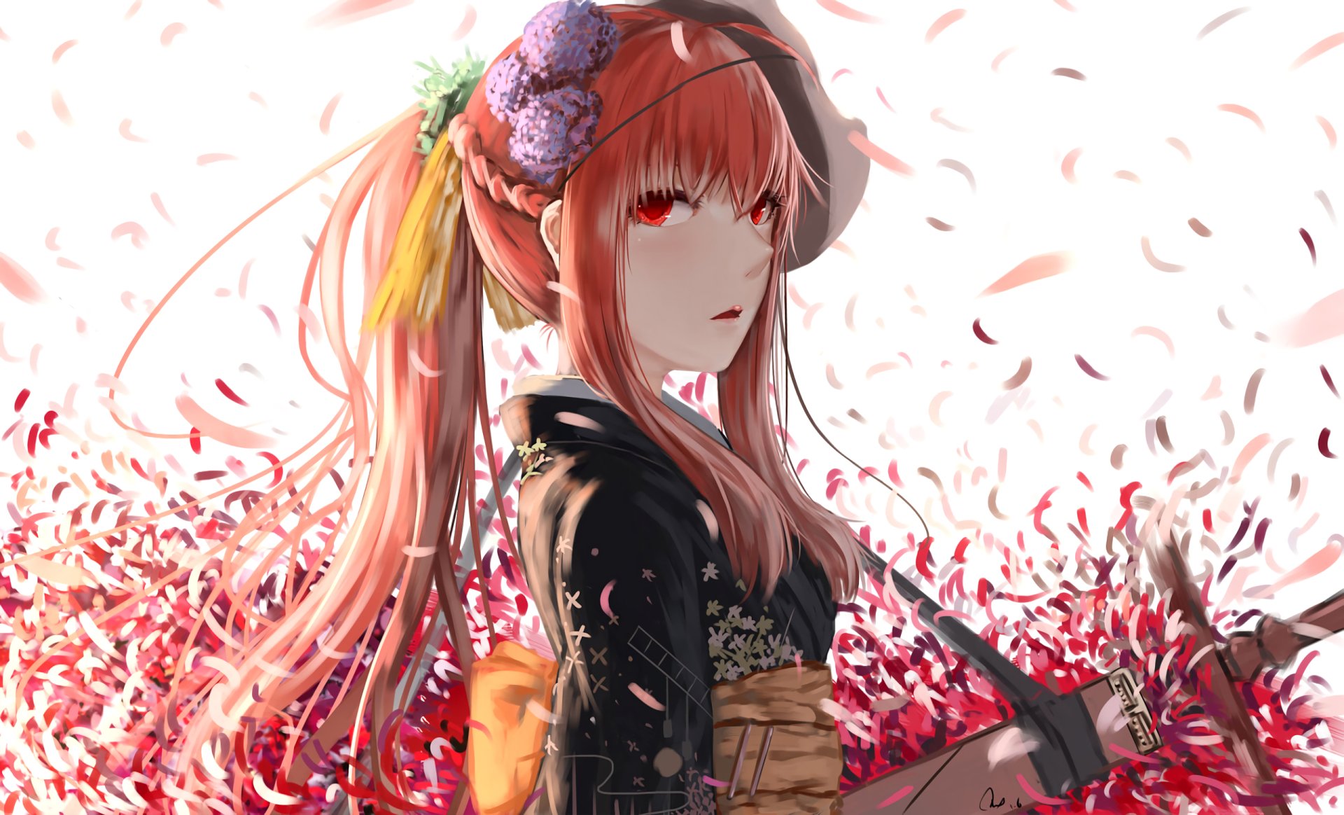 A striking HD wallpaper featuring an original anime character with long red hair and red eyes, adorned in a black kimono, surrounded by vibrant petals.