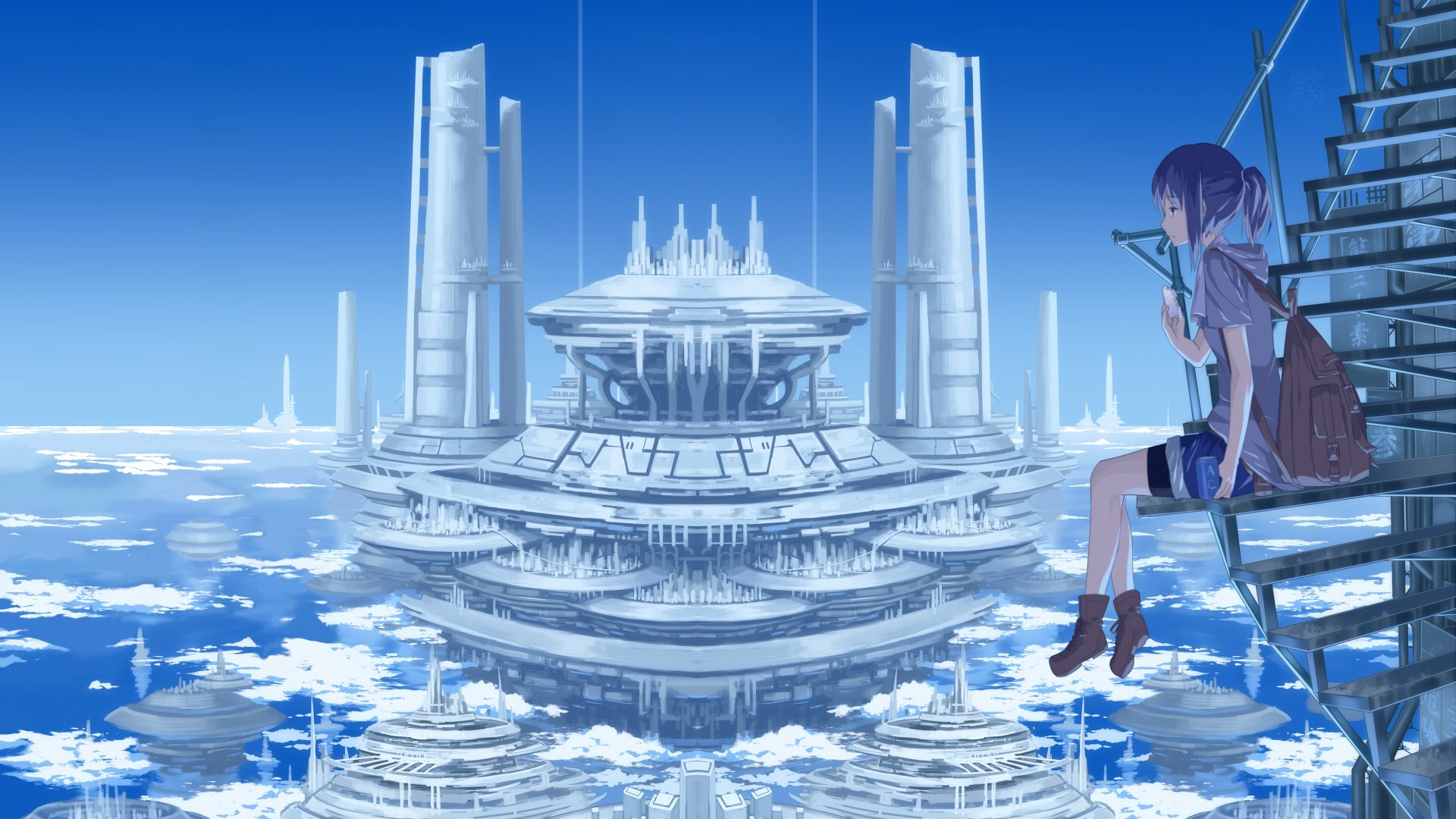 Anime-style original HD desktop wallpaper depicting a girl sitting on stairs overlooking futuristic floating city structures above the clouds.