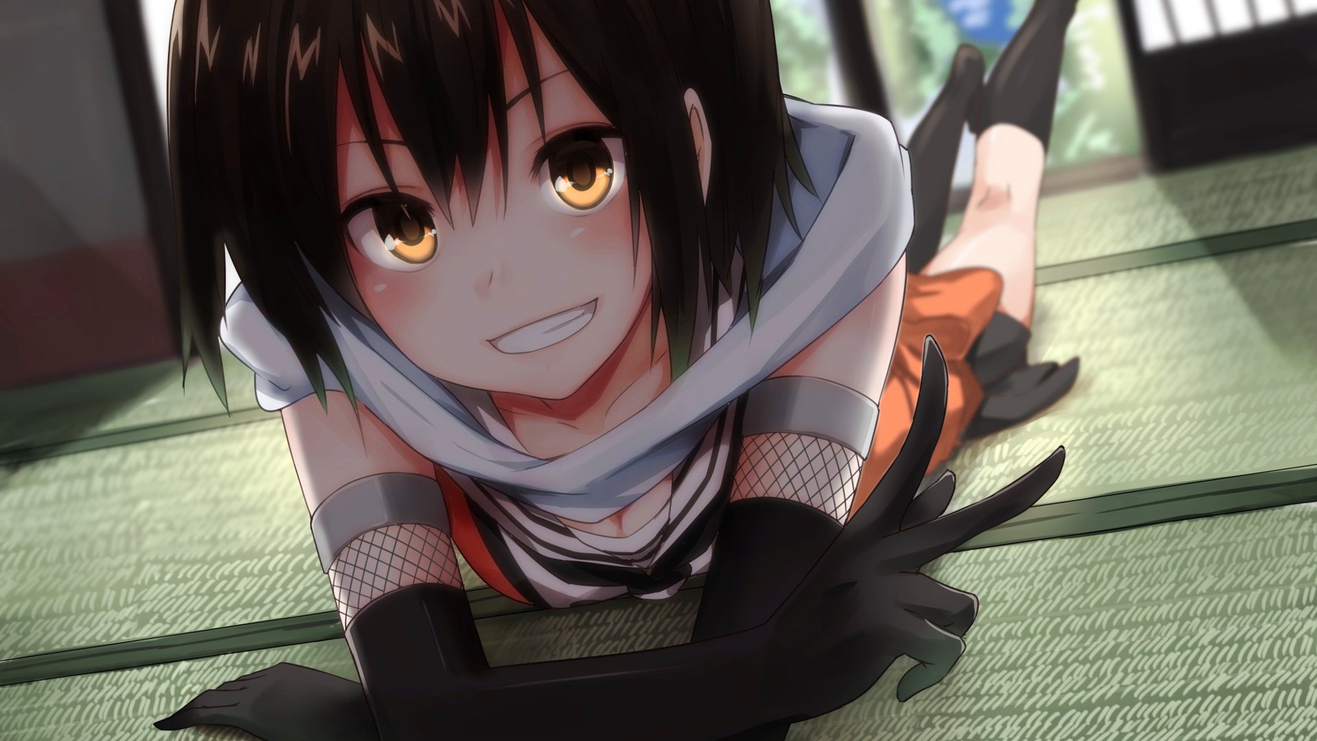 HD anime wallpaper featuring Sendai from Kantai Collection with bright eyes and a playful smile, lying on a tatami floor in a sunlit room.