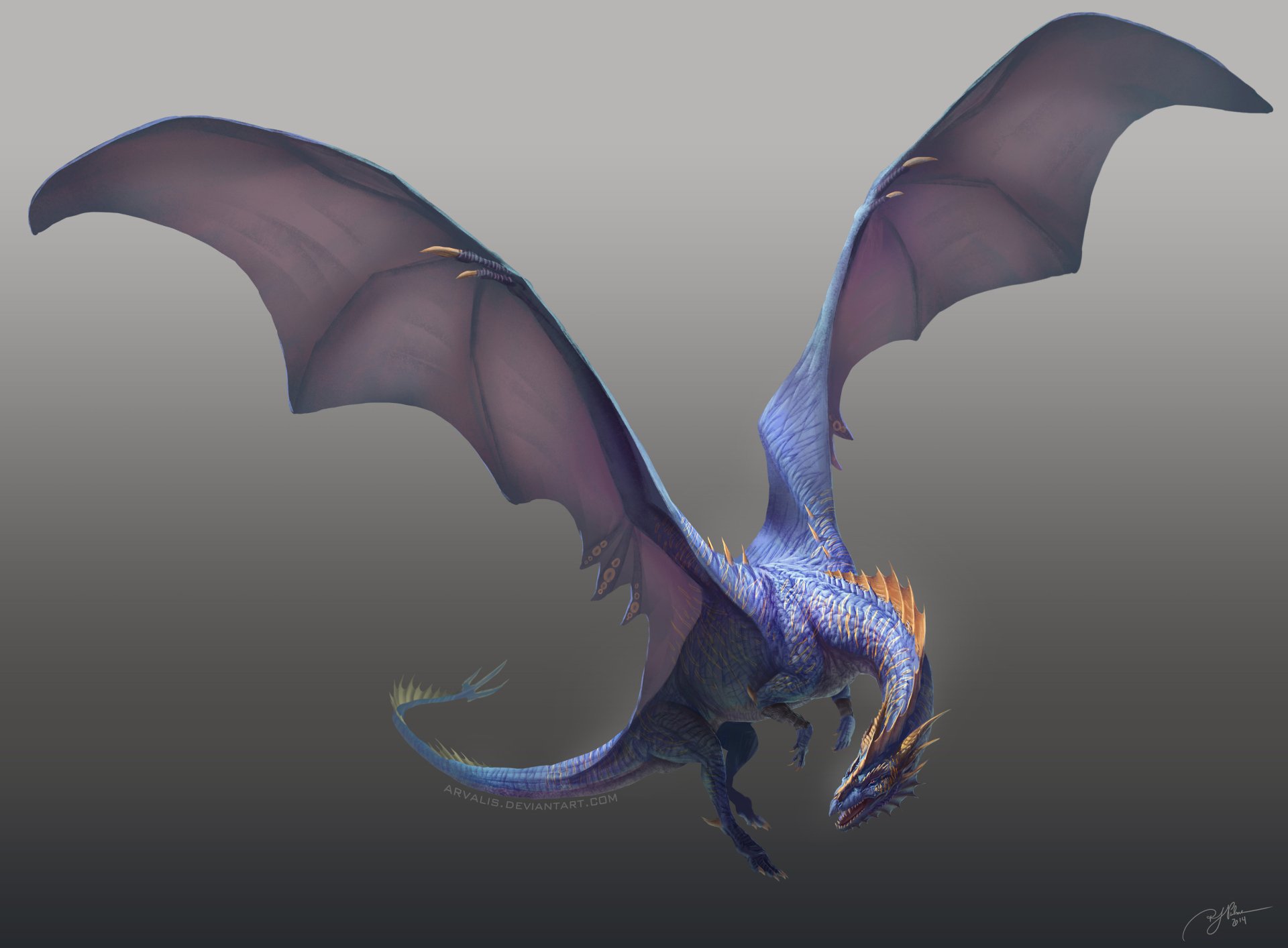 HD PC desktop wallpaper featuring a detailed fantasy dragon with expansive wings and glowing orange accents against a muted background.