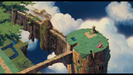 Anime scene from Laputa: Castle in the Sky: floating green-topped cliffs and crumbling stone bridges above clouds. HD PC desktop wallpaper/background.