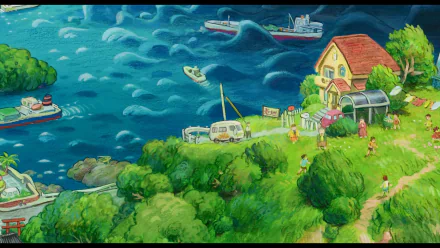 Anime Ponyo HD PC desktop wallpaper: vibrant coastal scene with green hillside, seaside house and children, boats bobbing on a wavy blue ocean.