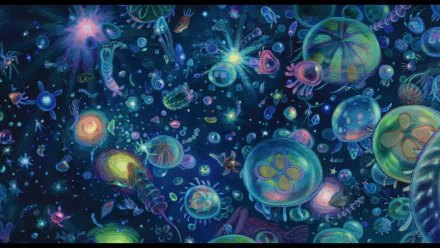HD PC desktop wallpaper featuring a vibrant underwater scene filled with colorful jellyfish and marine life, inspired by the anime Ponyo.