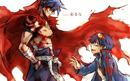 High-definition desktop wallpaper featuring Simon and Kamina from Tengen Toppa Gurren Lagann, showcasing an intense moment between the two characters.
