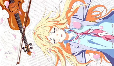A beautiful HD desktop wallpaper featuring Kaori Miyazono from the anime Your Lie in April, surrounded by music sheets and a violin, with pink petals softly falling around her.