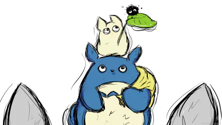 HD wallpaper featuring Totoro, Mini Totoro, and Sootballs from My Neighbor Totoro against a sketch-like background.