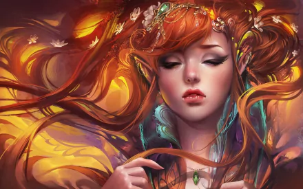 A captivating HD desktop wallpaper featuring a fantasy elf with flowing red hair and pointed ears. The intricate details and vibrant colors enhance the ethereal beauty of this enchanting artwork.